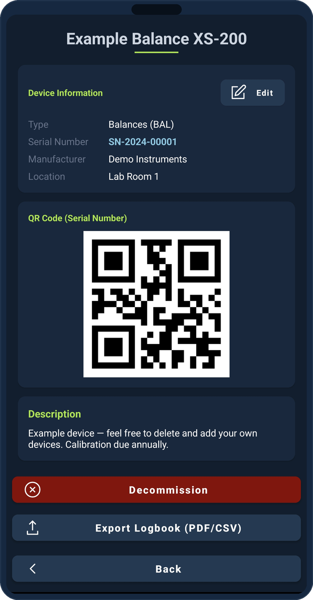 Device profile with QR code and logbook